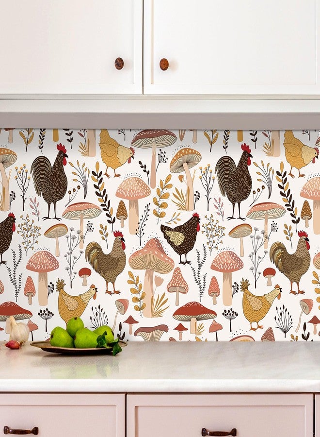 ReWallpaper ورق جدران ReWallpaper مقاس 17.5 بوصة × 23 قدمًا بتصميم دجاج عتيق قابل للإزالة واللصق، ورق جدران محايد بتصميم ديك مزرعة، ورق جدران ذاتي اللصق بتصميم فطر لجدار الخزانة، ورق جدران ريفي قابل للإزالة بتصميم حيوانات المزرعة - Image 4