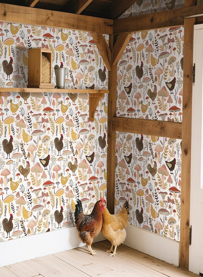 ReWallpaper ورق جدران ReWallpaper مقاس 17.5 بوصة × 23 قدمًا بتصميم دجاج عتيق قابل للإزالة واللصق، ورق جدران محايد بتصميم ديك مزرعة، ورق جدران ذاتي اللصق بتصميم فطر لجدار الخزانة، ورق جدران ريفي قابل للإزالة بتصميم حيوانات المزرعة - Image 2