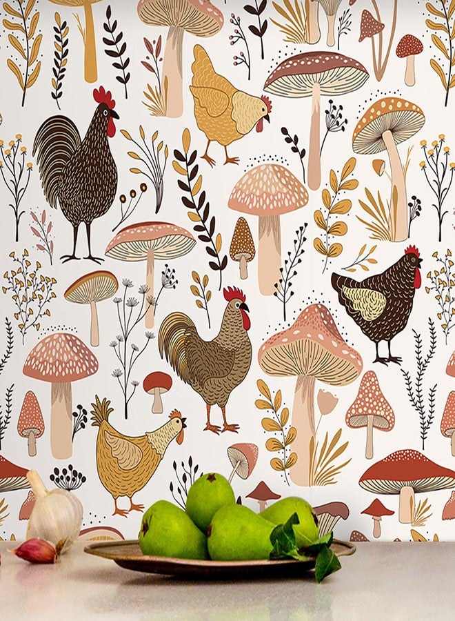 ReWallpaper ورق جدران ReWallpaper مقاس 17.5 بوصة × 23 قدمًا بتصميم دجاج عتيق قابل للإزالة واللصق، ورق جدران محايد بتصميم ديك مزرعة، ورق جدران ذاتي اللصق بتصميم فطر لجدار الخزانة، ورق جدران ريفي قابل للإزالة بتصميم حيوانات المزرعة - Image 1