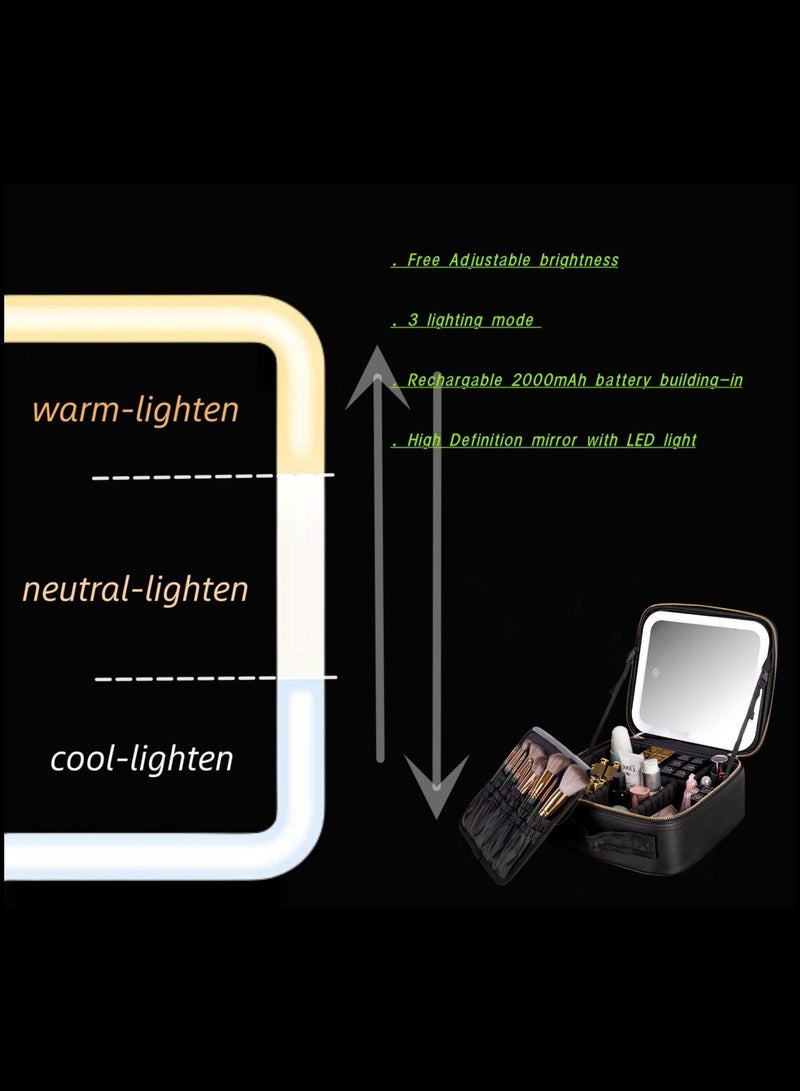 حقيبة مكياج مع إضاءة LED قابلة للتعديل، مرآة سفر كبيرة، منظم مستحضرات تجميل محمول مع 3 أضواء ملونة ومقسمات قابلة للتعديل، هدية عيد ميلاد للفتيات والنساء (أسود) - Image 2
