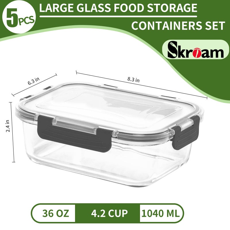 Skroam 5-Packs 36OZ Glass Food Storage Containers with Lids Airtight, Glass Meal Prep Container for Lunch, Pantry Organizers and Storage, Glass Lunch Boxes for Freezer to Oven Safe, Leak Proof - Image 2