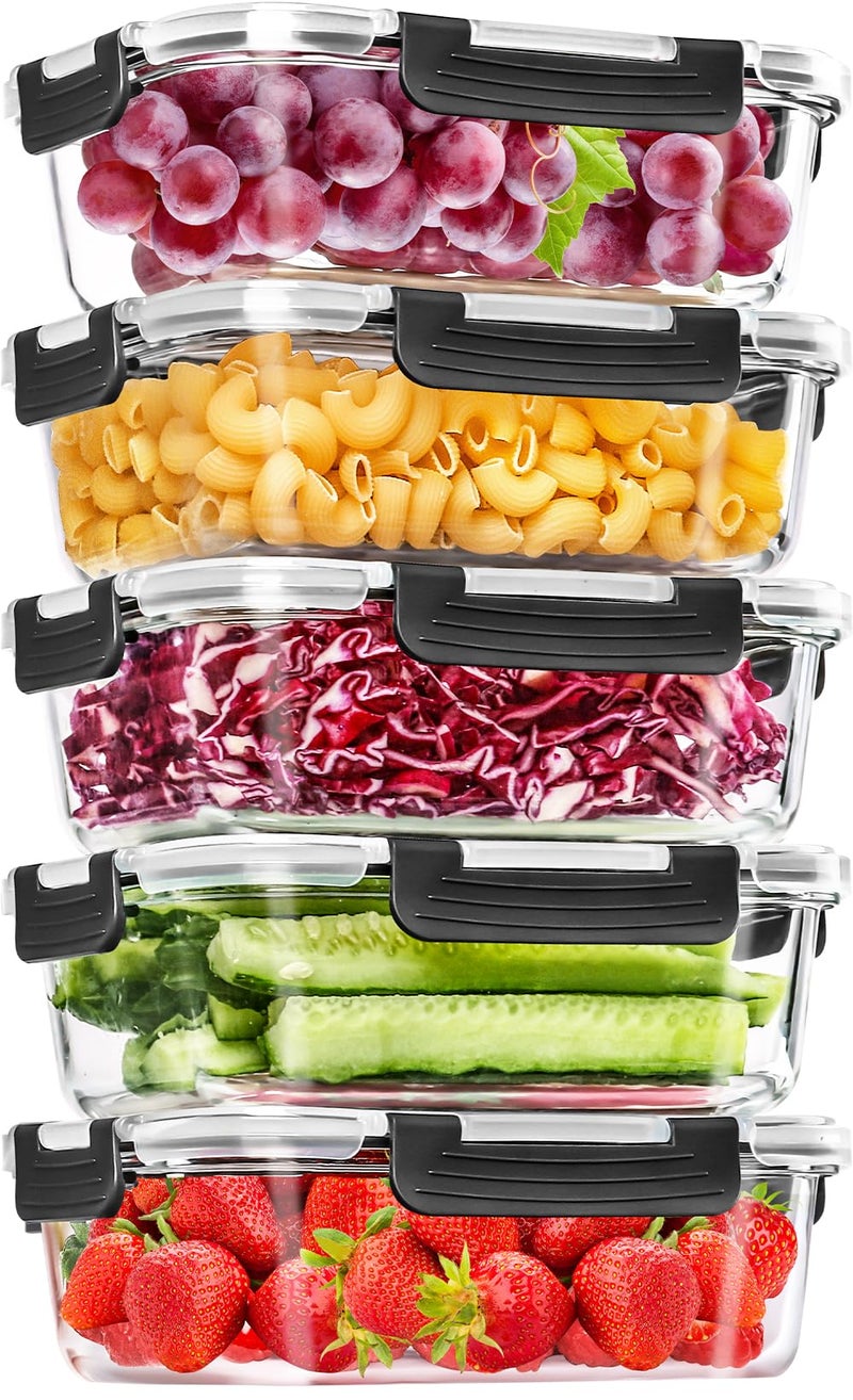 Skroam 5-Packs 36OZ Glass Food Storage Containers with Lids Airtight, Glass Meal Prep Container for Lunch, Pantry Organizers and Storage, Glass Lunch Boxes for Freezer to Oven Safe, Leak Proof - Image 1