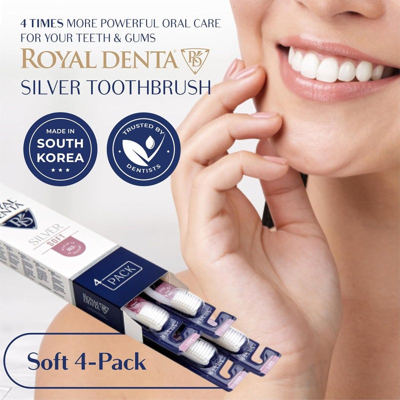 Royal Denta مجموعة من 4 فرش أسنان ذات شعيرات ناعمة فضية، فرشاة ناعمة للأسنان الحساسة، فرشاة أسنان ذات شعيرات مزدوجة الطول لتنظيف ما بين الأسنان، جزيئات فضية لمنع البكتيريا، متعددة الألوان - Image 2