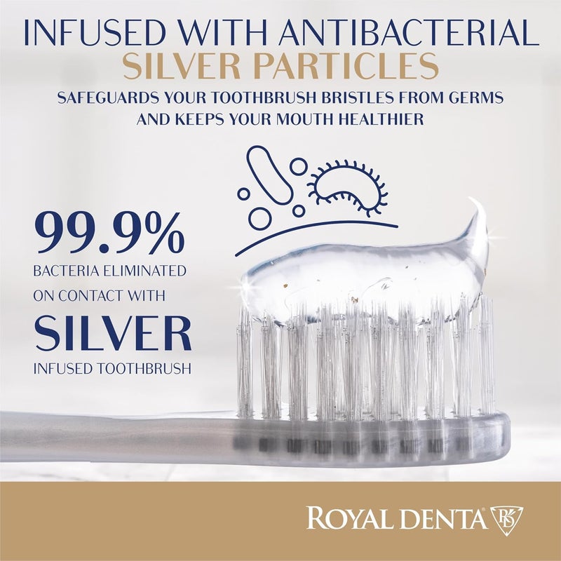 Royal Denta مجموعة من 4 فرش أسنان ذات شعيرات ناعمة فضية، فرشاة ناعمة للأسنان الحساسة، فرشاة أسنان ذات شعيرات مزدوجة الطول لتنظيف ما بين الأسنان، جزيئات فضية لمنع البكتيريا، متعددة الألوان - Image 4