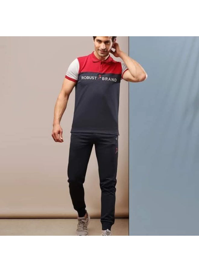 Robust Men's Summer Polo Shirt and Track Pants Loungewear Set - Red/Navy Blue