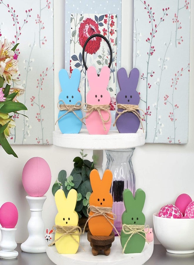 DAZONGE Easter Decorations - 6PCS Wood Bunny Peeps Easter Tiered Tray Decor - Easter Shelf Sitter - Easter Decor for The Home - Spring Wood Decor - Image 2