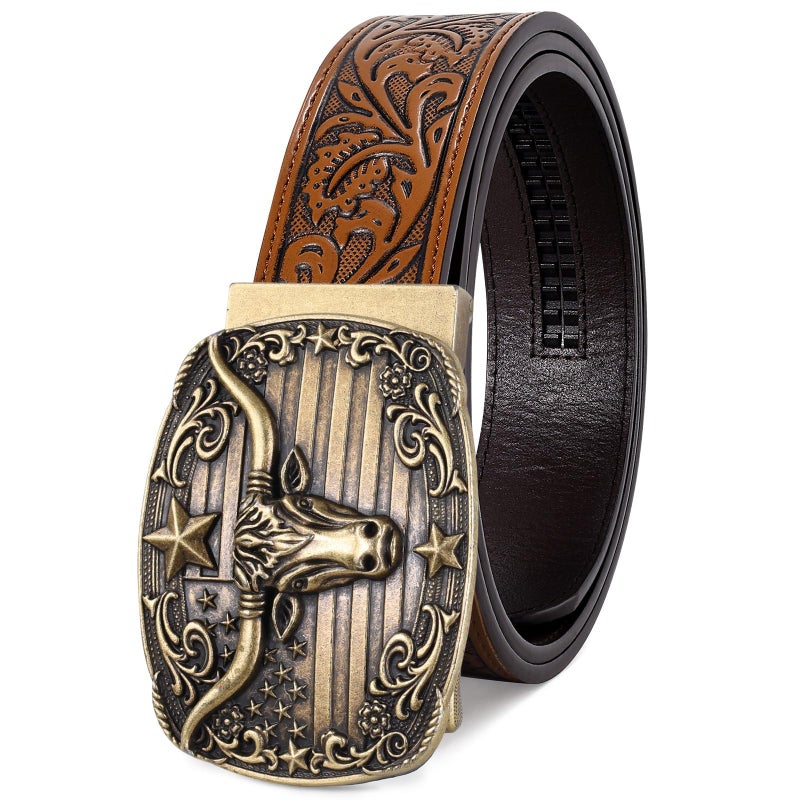 SANSTHS Western Cowboy Ratchet Belts for Men Women Leather Cowboy Belt with Automatic Western Buckle for Christmas Gifts, Golden Bull/Brown - Image 1
