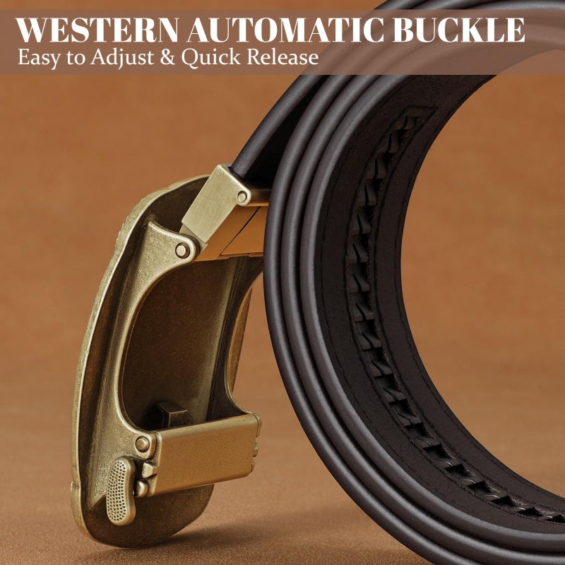 SANSTHS Western Cowboy Ratchet Belts for Men Women Leather Cowboy Belt with Automatic Western Buckle for Christmas Gifts, Golden Bull/Brown - Image 2