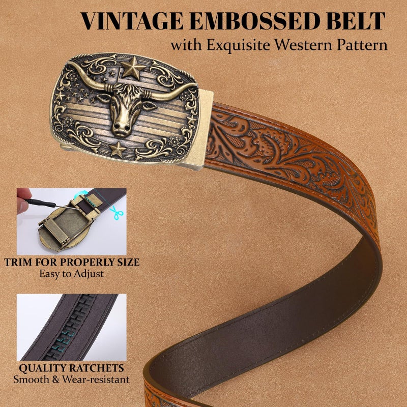 SANSTHS Western Cowboy Ratchet Belts for Men Women Leather Cowboy Belt with Automatic Western Buckle for Christmas Gifts, Golden Bull/Brown - Image 5