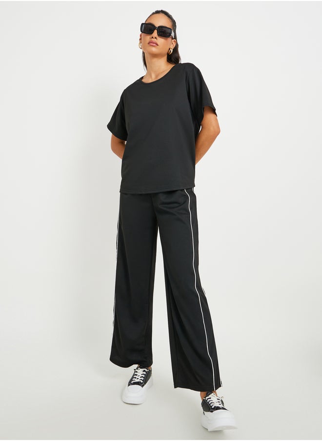 Take Two Take Two Solid Short Sleeve T-Shirt and Contrast Trim Pants Co-Ords  - Image 2