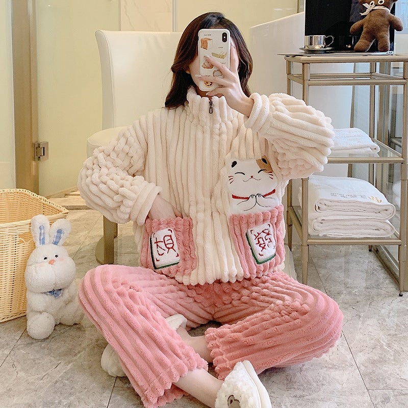 Autumn and winter flannel strip cute sweet coral velvet thick plus fat increase 220kg fat MM can wear home clothes - Image 2