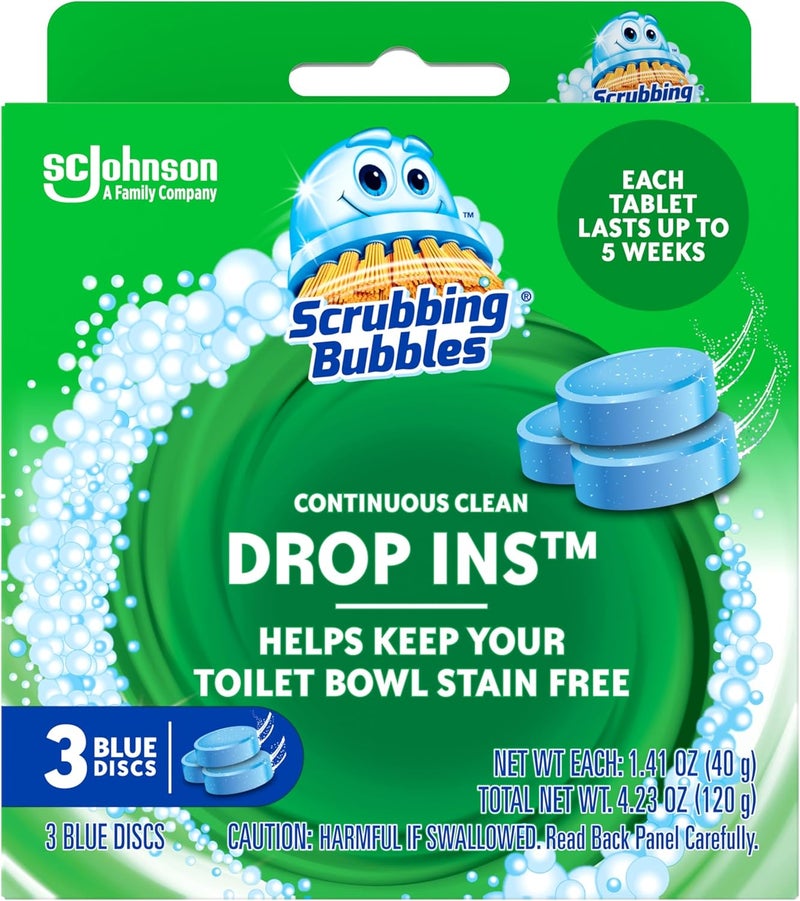 Scrubbing Bubbles Continuous Clean Toilet Drop-Ins, Automatic Blue Toilet Bowl Cleaner, Septic-Safe Tank Tablets Remove Hard Water Minerals & Limescale, Stain & Smell Protection, 3 Count (Pack of 1) - Image 1