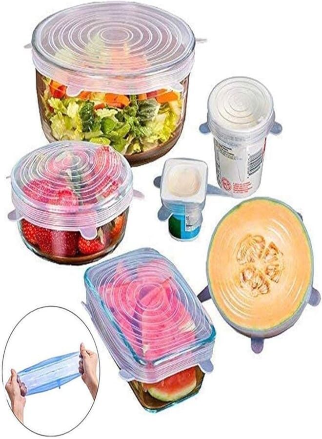 Suzec Silicon Stretch Lids Flexible Covers for Rectangle Round Square Containers (Pack of 6), transparent (Silicon Lid)