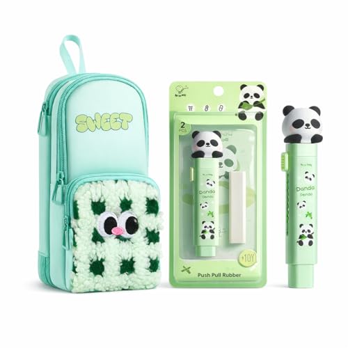Parshya Cute Green Pencil Pouch with Push-Pull Eraser Set for Kids | Soft Plush Cartoon Stationery Combo | School Supplies for Boys & Girls | Multi-Pocket Zipper Case + Eraser | Gift Pack - Image 1