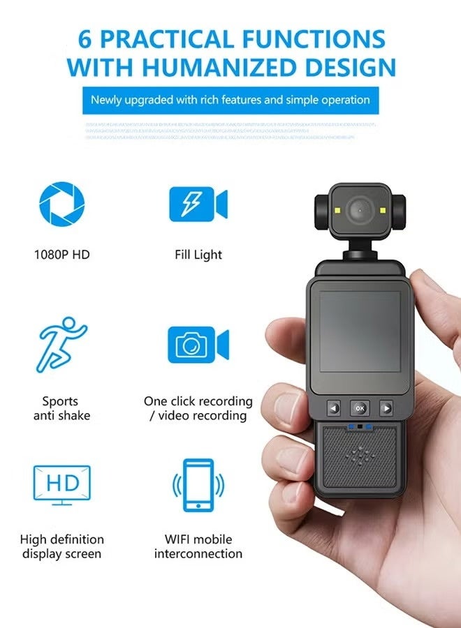 1080P Vlogging Hand Action Camera, Pocket Camera with 360 Degree Rotatable Lens, Color LCD Screen, with Clamp, WiFi Wearable Video Camcorder with Motion Detection for Travel Hiking, included 128G Card - Image 1