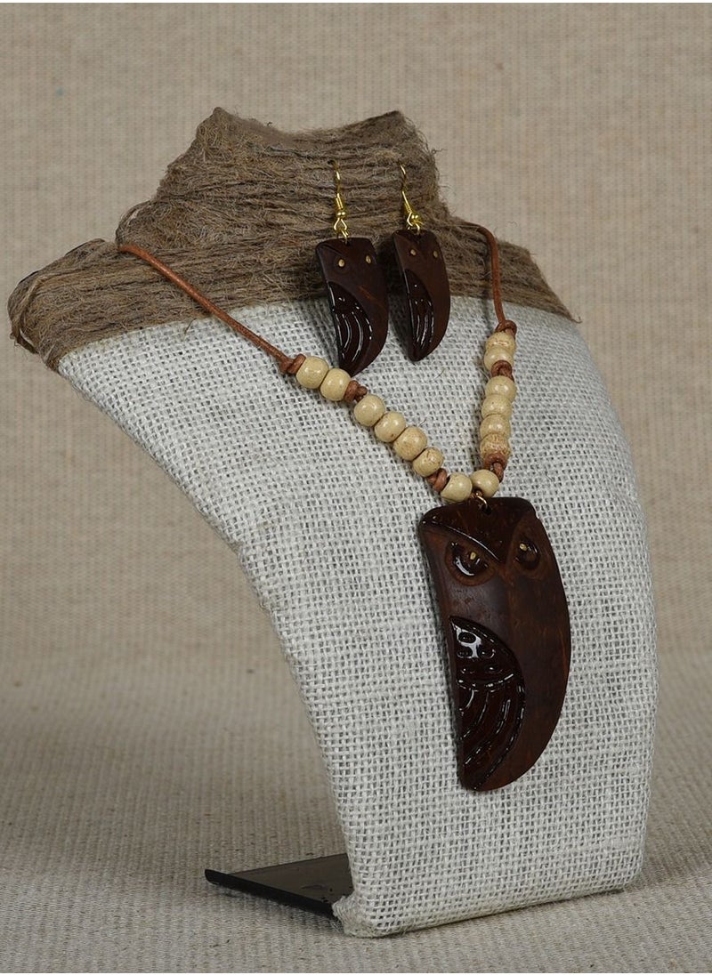 N & H Handcrafted Coconut Shell Owl Shaped with Beads Necklace Set  - Image 2