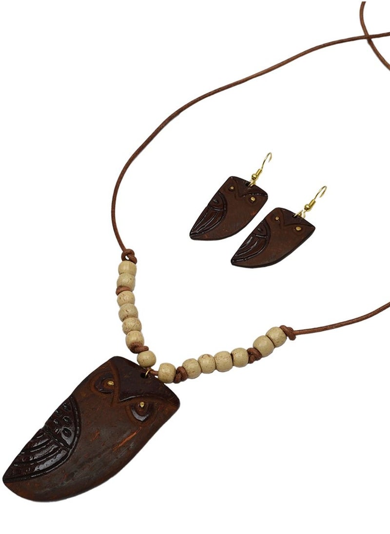N & H Handcrafted Coconut Shell Owl Shaped with Beads Necklace Set  - Image 5