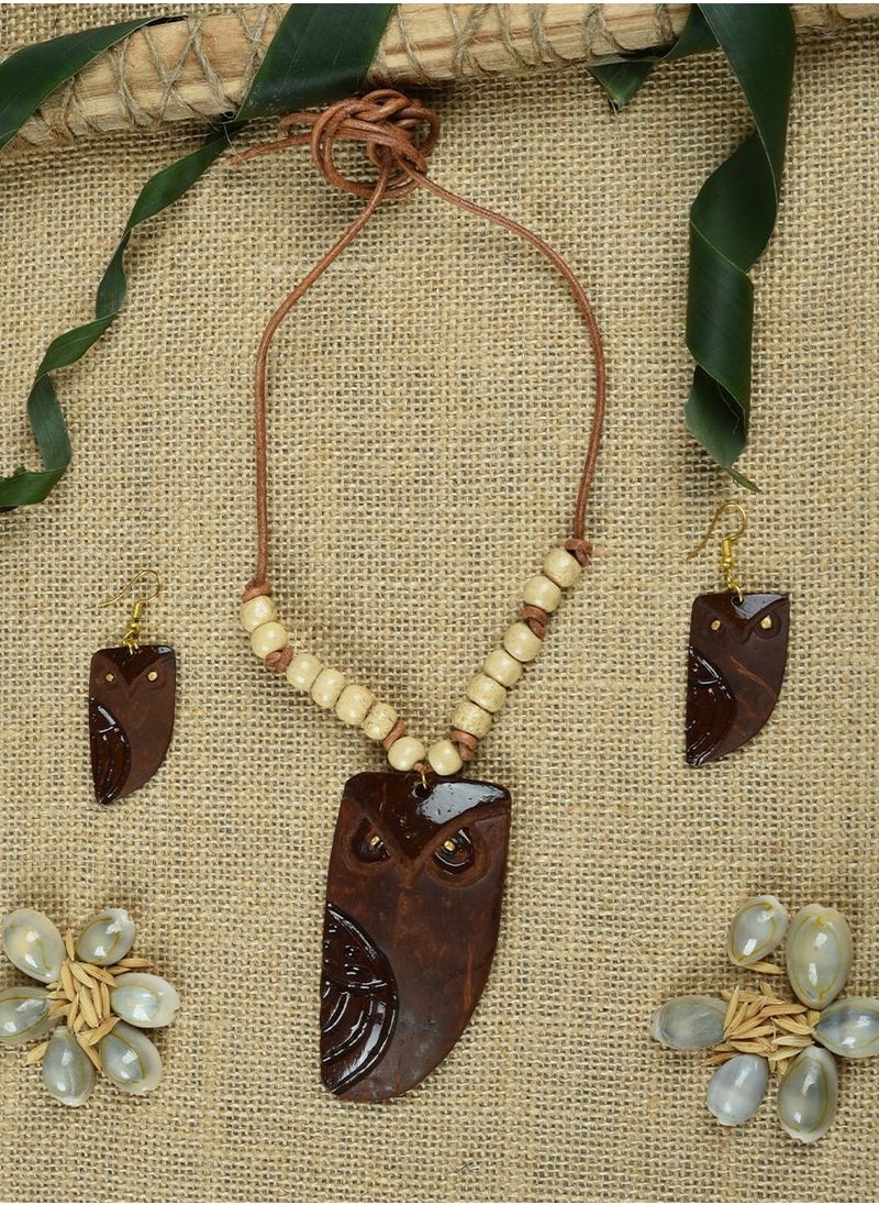 N & H Handcrafted Coconut Shell Owl Shaped with Beads Necklace Set  - Image 3