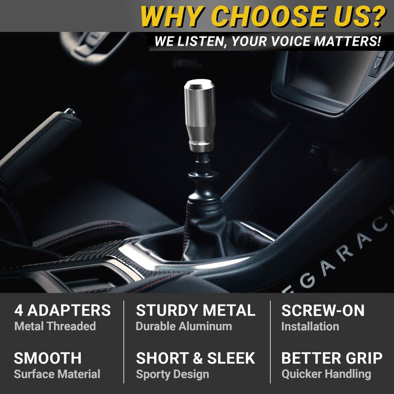 Mega Racer Premium Brushed Silver Shift Knob - 4 Metal Threaded Adapters, 4 5 6 Speed Manual & Buttonless Automatic Transmission, Aluminum Car Gear Stick Shifter Knobs (M8, M10x1.25/1.5, M12x1.25) Cool JDM Style - Image 4