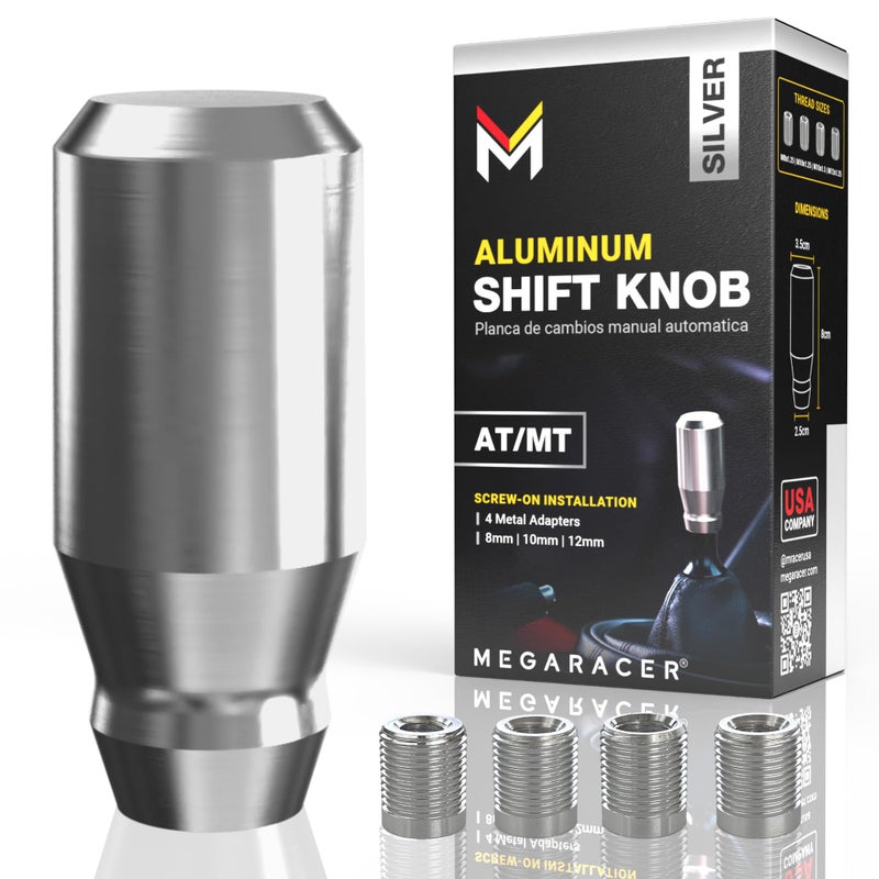 Mega Racer Premium Brushed Silver Shift Knob - 4 Metal Threaded Adapters, 4 5 6 Speed Manual & Buttonless Automatic Transmission, Aluminum Car Gear Stick Shifter Knobs (M8, M10x1.25/1.5, M12x1.25) Cool JDM Style - Image 1