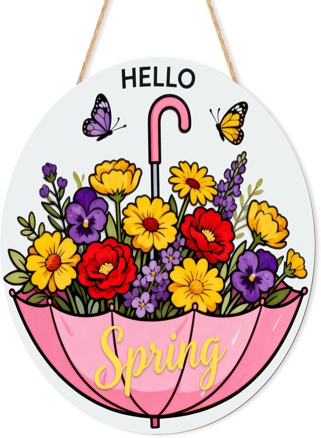 Joyhawk Hello Spring Decorations for Home,Pink Umbrella Flower Welcome Sign for Front Door,Wooden Door Decor Wreath Hangers for Office Farmhouse Outside Party Porch Wall Decoration - Image 1