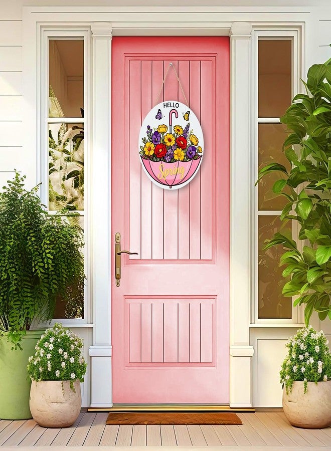 Joyhawk Hello Spring Decorations for Home,Pink Umbrella Flower Welcome Sign for Front Door,Wooden Door Decor Wreath Hangers for Office Farmhouse Outside Party Porch Wall Decoration - Image 3