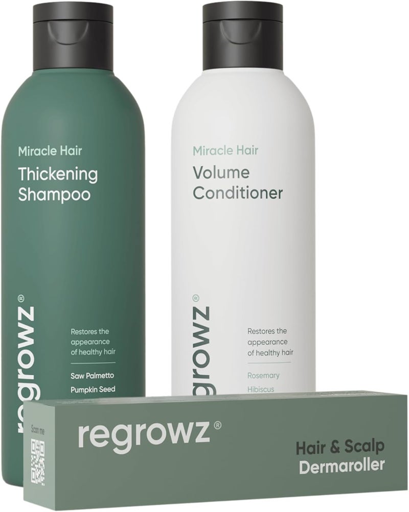 Regrowz Miracle Hair Care Gift Set Hair Thickening Shampoo 225ml Volume Conditioner 200ml and Hair Scalp Derma Roller Infused with Biotin for Enhanced Hair Growth Volume and Vitality
