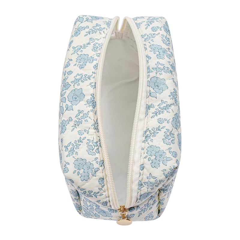 WHHJM Cute Floral Makeup Bag Small Cotton Quilted Cosmetic Bag, Aesthetic Essential Bag Emergency Bag Gift for Women Girls Travel Accessories (Blue Floral) - Image 2