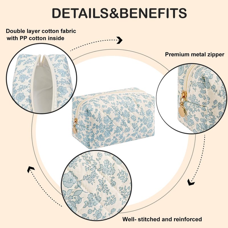 WHHJM Cute Floral Makeup Bag Small Cotton Quilted Cosmetic Bag, Aesthetic Essential Bag Emergency Bag Gift for Women Girls Travel Accessories (Blue Floral) - Image 4