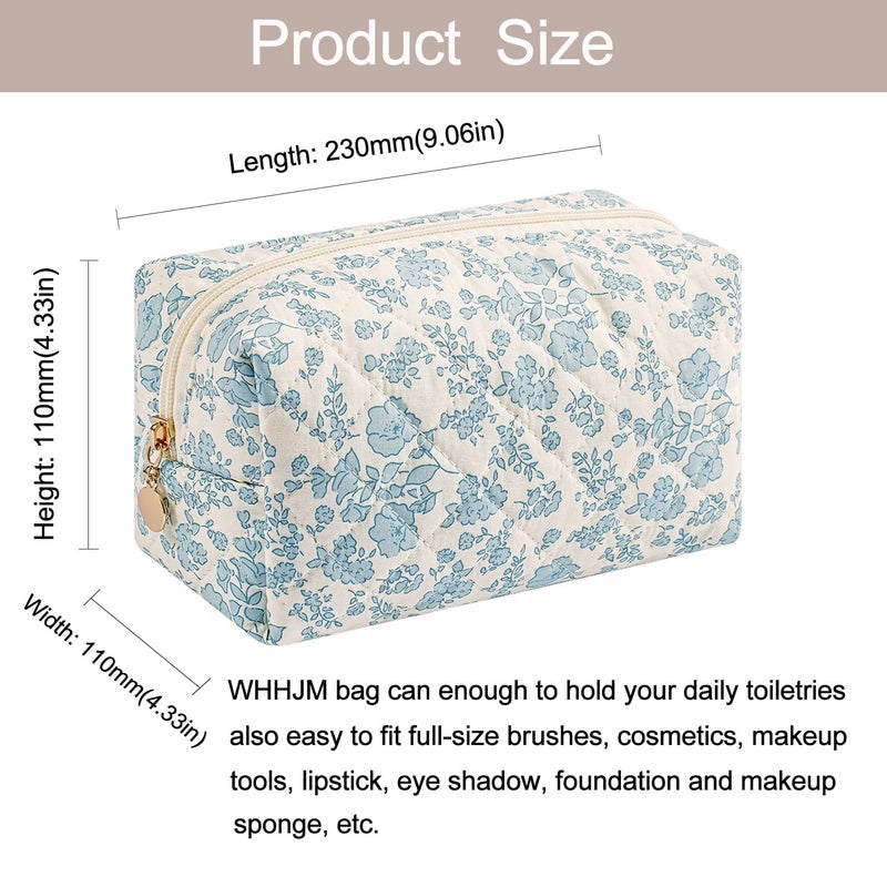 WHHJM Cute Floral Makeup Bag Small Cotton Quilted Cosmetic Bag, Aesthetic Essential Bag Emergency Bag Gift for Women Girls Travel Accessories (Blue Floral) - Image 3