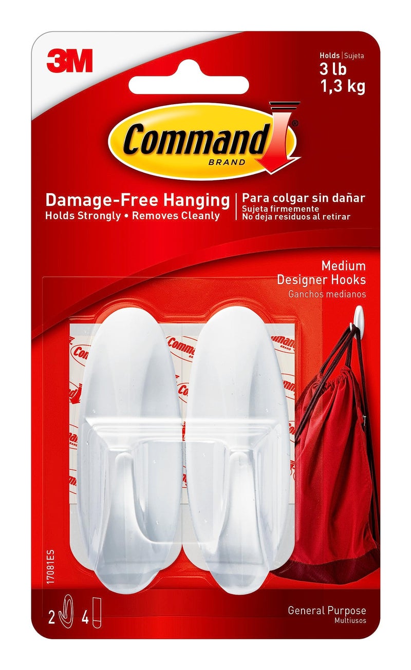 Command Medium Designer Hooks, 2 Hooks and 4 Command Strips, Damage-Free Hanging Wall Hooks with Adhesive Strips, Adhesive Hooks for Hanging Christmas Decorations, Holds up to 3 lb - Image 1