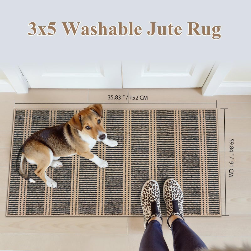 LIVEBOX Easy Jute Indoor Outdoor Rug 3x5 Front Porch, Black Striped Washable Outdoor Rugs for Entryway Living Room, Non Slip Rug Geometric Carpet Door Mat for Entry Front Door, Patio, Kitchen, Bedroom - Image 3