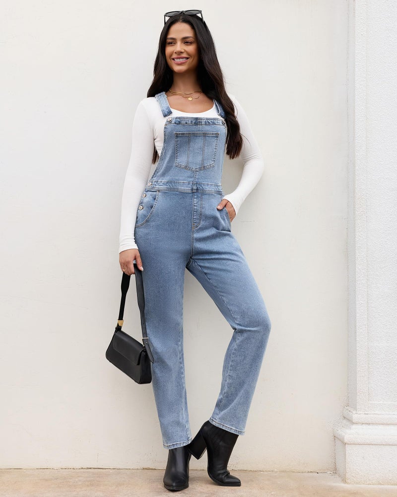 luvamia Flexclusive Overalls for Women Loose Fit Classic Bib Casual Jean Stretchy Denim Jumpsuit Tapered Leg Women's Trendy Overalls Blue Jean Jumpsuit for Women Blue Mist Size Medium Size 8 Size 10 - Image 5
