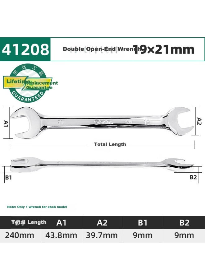 Sata Metric Fully Polished Double Open-end Wrench, Automotive Repair Wrench Tool, 19x21mm, 41208 - Image 1