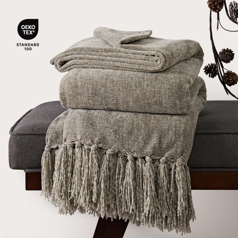 EverGrace Soft Chenille Throw Blanket for Couch, Cozy Plush Fuzzy Decorative Chenille Knit Throw Blanket with Tassels, Lightweight Blanket and Throws for Bed Sofa Gift Home Decor, Taupe 50"x60" - Image 4