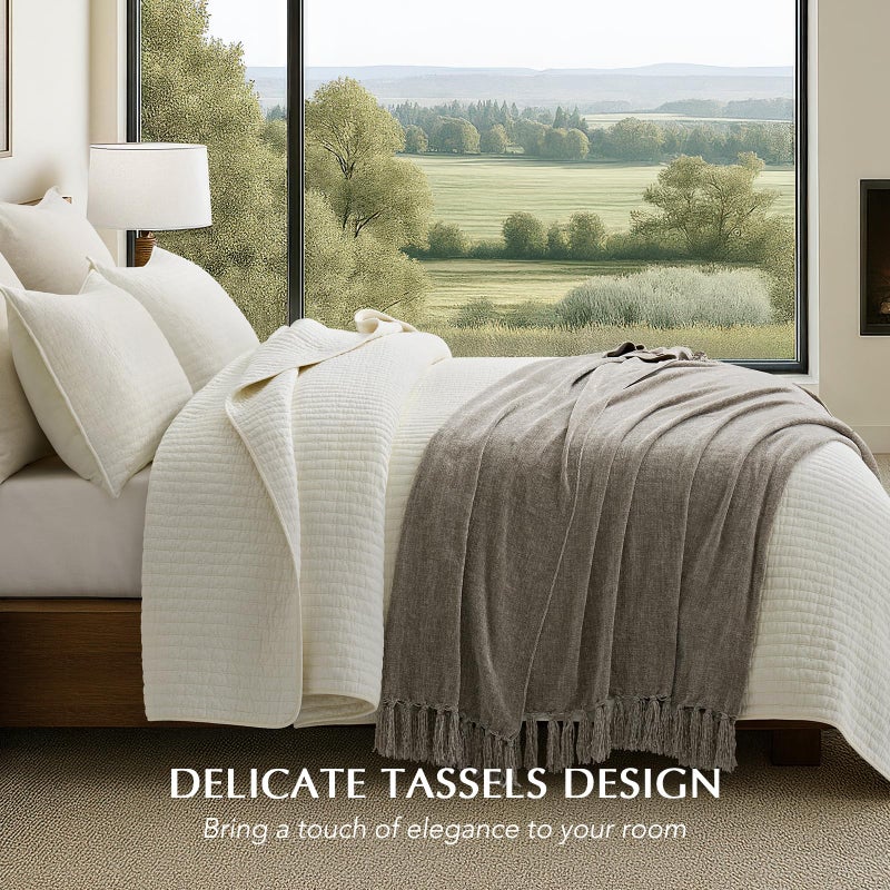 EverGrace Soft Chenille Throw Blanket for Couch, Cozy Plush Fuzzy Decorative Chenille Knit Throw Blanket with Tassels, Lightweight Blanket and Throws for Bed Sofa Gift Home Decor, Taupe 50"x60" - Image 2