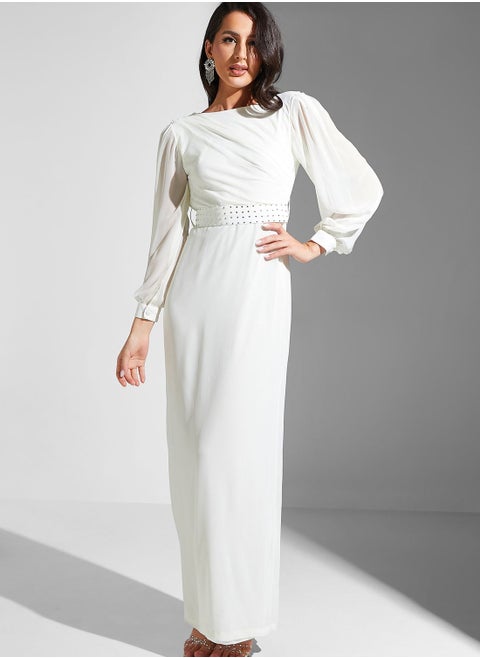 Puff Sleeve Embellished Belted Dress