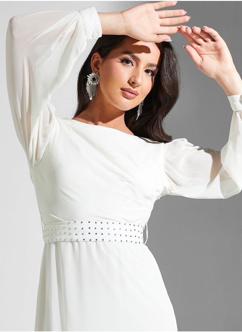 Golden Apple - Puff Sleeve Embellished Belted Dress - Image 1