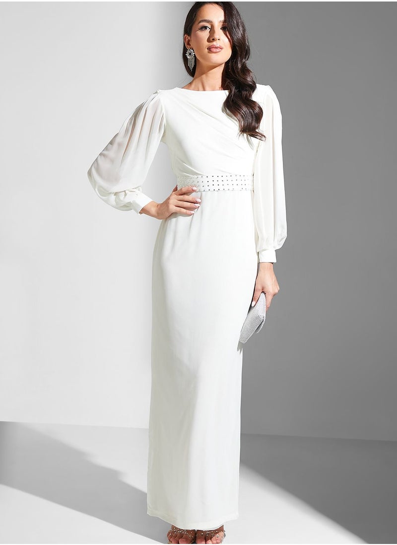 Golden Apple - Puff Sleeve Embellished Belted Dress - Image 1
