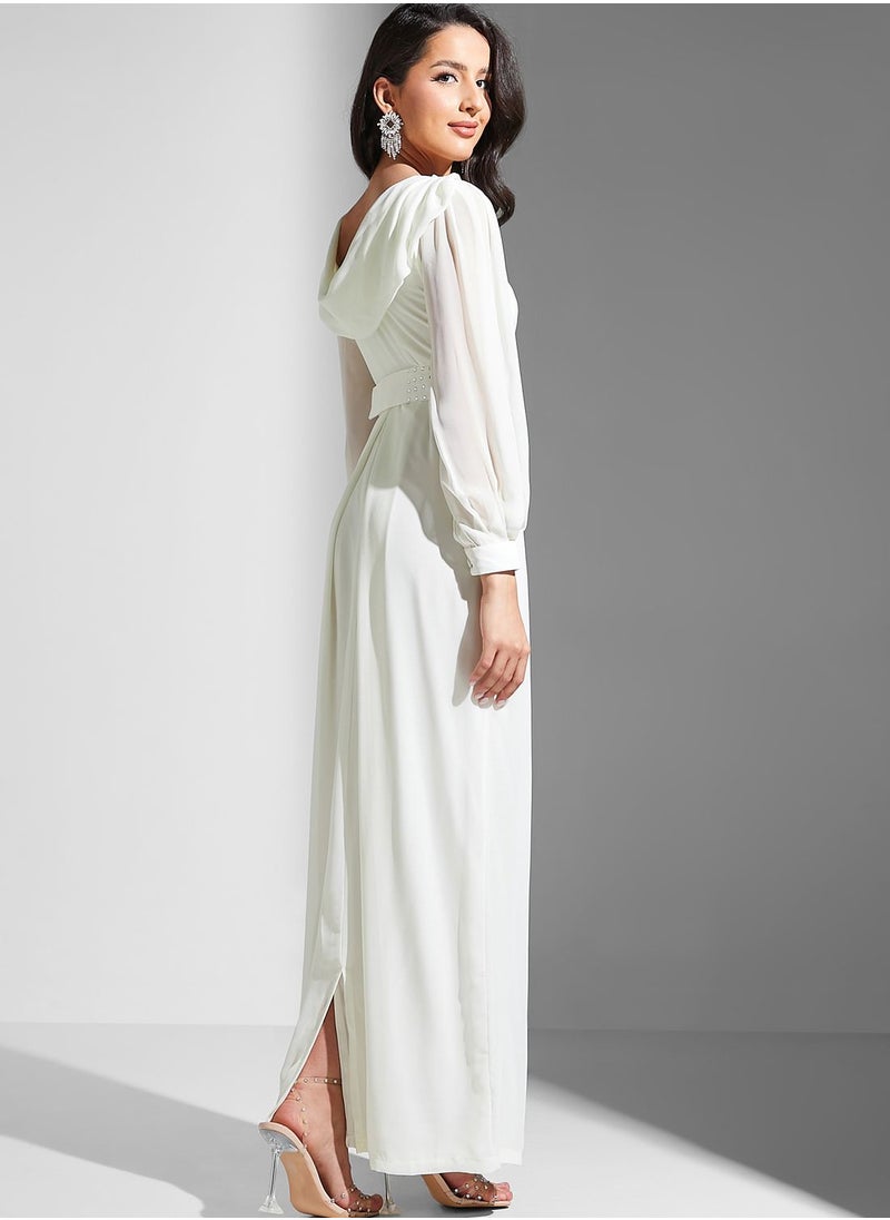 Golden Apple - Puff Sleeve Embellished Belted Dress - Image 1