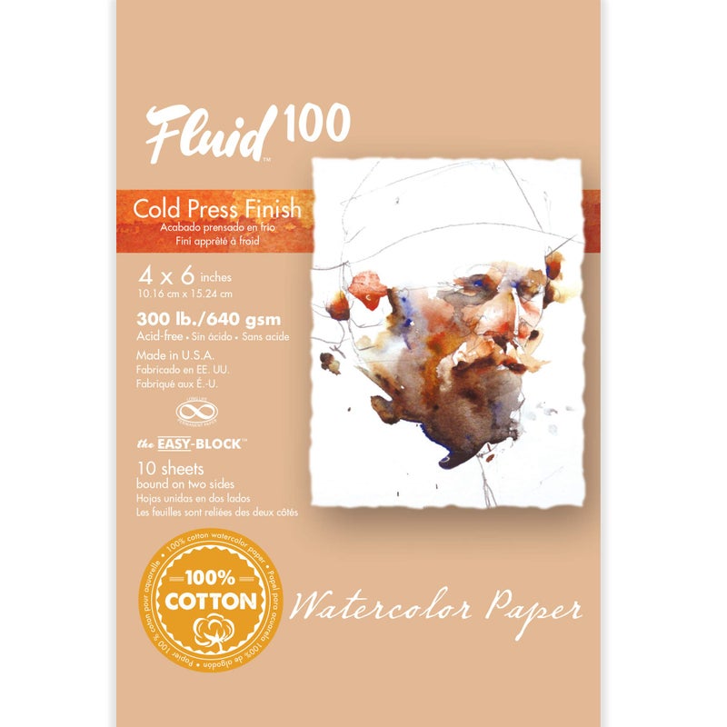 Fluid 100 Watercolor Paper Block 4 x 6 inches 10 Sheets 300 lb 640 GSM 100 Cotton Cold Press Pad for Artist Painting and Wet Media