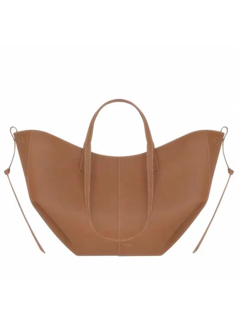 Generic - French Polen Tote Bag Soft Genuine Leather Underarm Shopping Bag Fashionable Handheld Single Shoulder Commute Large Capacity Bag Camel camel trumpet - Image 1
