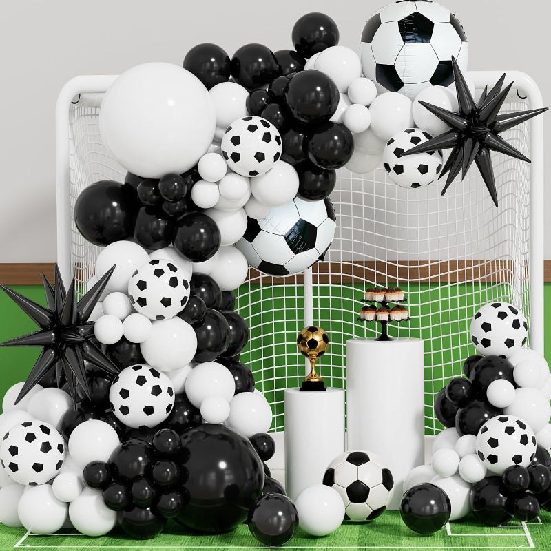 Haolongfa Soccer Balloon Garland Arch Kit - Black and White Football Print Balloons Arch Kit with Foil Football Exploding Star Balloon for Sports Fan, Birthday Party, Baby Shower, Soccer Theme Party Decor - Image 1