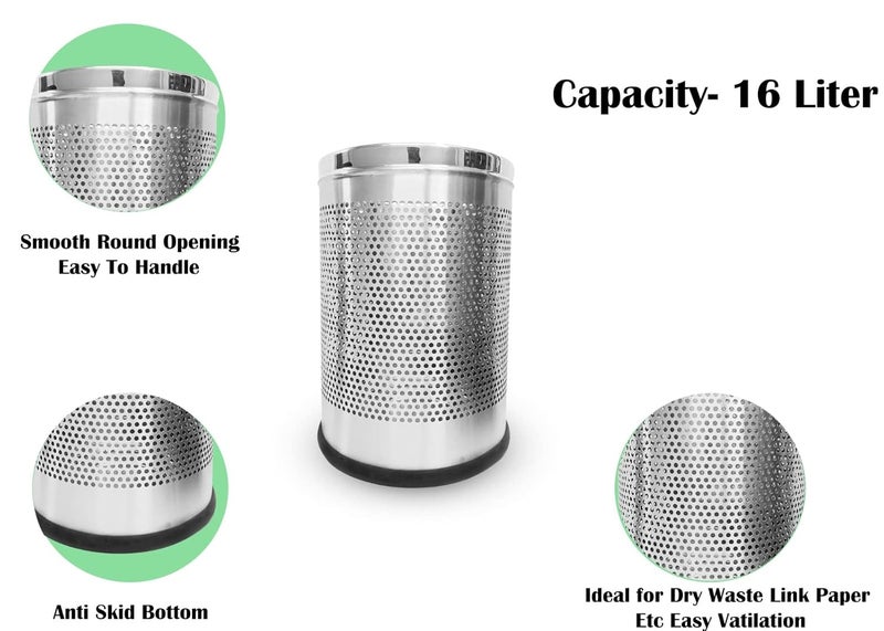 Super HK Stainless Steel Open Perforated Dustbin| Steel Dustbin for Home, Bedroom, Rooms, Office, Kitchen, Bathroom (Big- 16 Litre) - Image 4