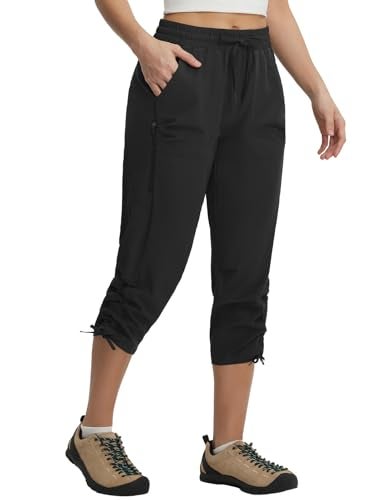 baleaf Womens Capri Pants with Zipper Pockets Lightweight Quick Dry Water Resistant Hiking Travel Capris Pants Elastic Waist Summer Black XL - Image 1