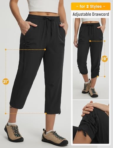 baleaf Womens Capri Pants with Zipper Pockets Lightweight Quick Dry Water Resistant Hiking Travel Capris Pants Elastic Waist Summer Black XL - Image 3
