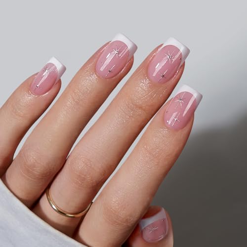 BTArtbox French Tip Press On Nails - Pink Short Press On Nails with Stars, Soft Gel Glue On Nails with Nail Glue in 16 Sizes, 32 Stick on Nails Kit, Starlit Sparkle - Image 1