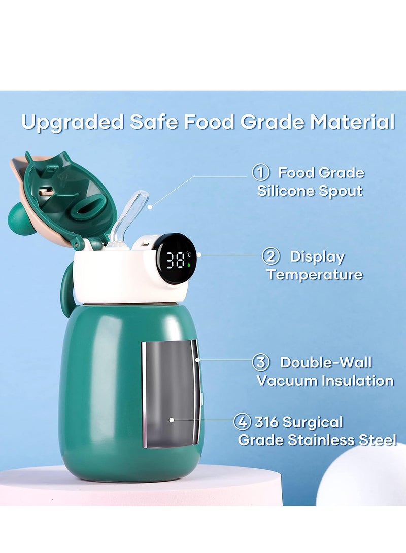 SYOSI Kids Water Bottle with Straw Lid 14oz, 316 Stainless Steel Vacuum Double Wall Insulated Cup with Temperature Display and Silicone Spout, Leak Proof Toddler Water Bottles for Travel and School, Green - Image 2