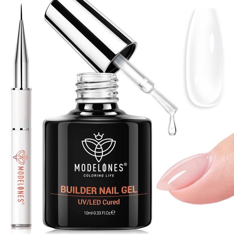 modelones Builder Nail Gel, Clear Builder Nail Polish 7-in-One with Detachable Liner Nail Brush LED Lamp Cured Strengthener Color Rubber Base Coat for Apex Building Extension Thickening 10ml - Image 1