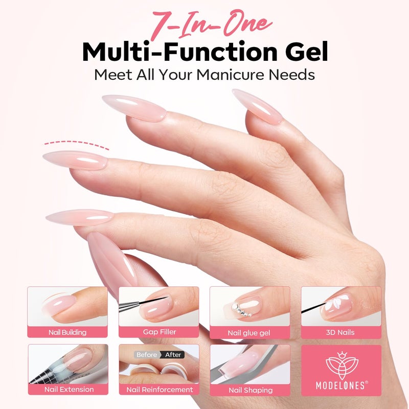 modelones Builder Nail Gel, Clear Builder Nail Polish 7-in-One with Detachable Liner Nail Brush LED Lamp Cured Strengthener Color Rubber Base Coat for Apex Building Extension Thickening 10ml - Image 4